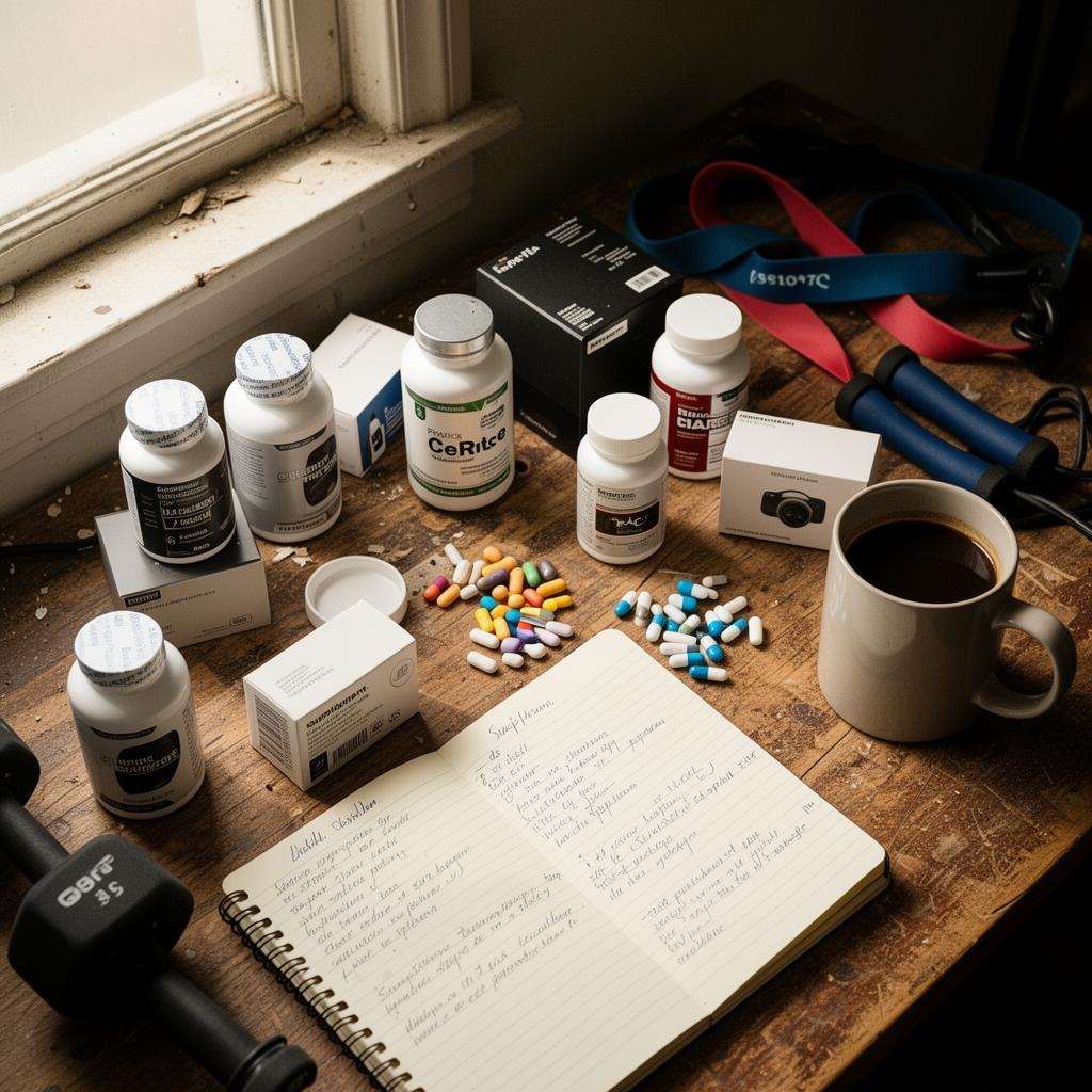 Jeff's desk today, scattered with supplements, gadgets, and a coffee mug